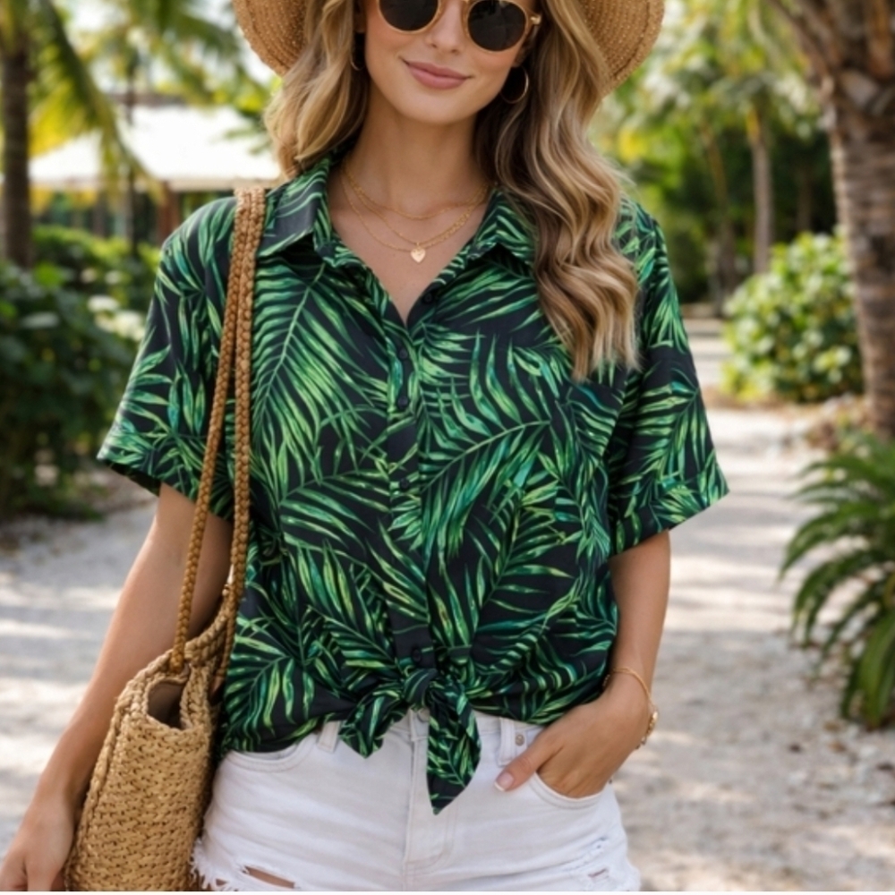 Nwt APRICOT Oversized Tropical Leaf Button-Up Shirt Green Palm Print Relaxed